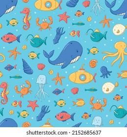 Sea life seamless pattern with fish doodles for nursery textile prints, scrapbooking, stationary, wallpaper, wrapping paper, packaging. Kids print, pattern. EPS 10