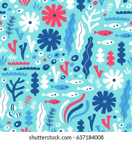 Sea life seamless pattern with fish and water plant. Vector illustration. Kid design.