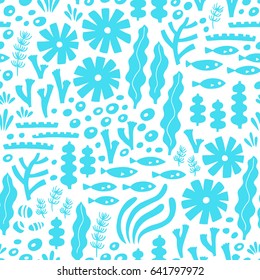 Sea life seamless pattern with fish and water plant. Vector illustration. Wrapping. Surface decoration.