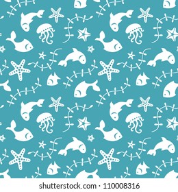 Sea life seamless pattern with fishes and marine life