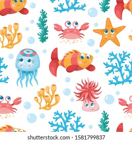 Sea life seamless pattern. Fishes vector background. Children's wallpaper. Comic Fish cartoon