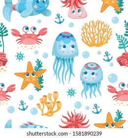 Sea life seamless pattern. Fishes vector background. Children's wallpaper. Fish cartoon