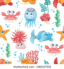 Sea life seamless pattern. Fishes vector background. Children's wallpaper. Tropical Fish cartoon