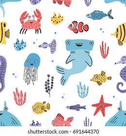 Sea life seamless pattern. Hand drawn algae, blowfish, puffer,  crab, hammerhead shark, whale, starfish, shark, seahorse, manta ray.  Colorful vector illustration texture.