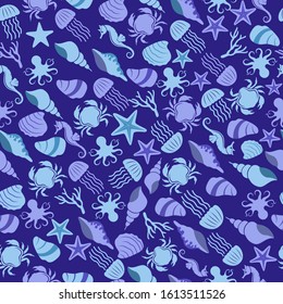Sea life seamless pattern with sea horse and crab of illustration