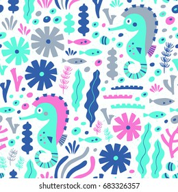 Sea life seamless pattern with sea horse, fish and water plant. Vector illustration. Wrapping. Surface decoration.