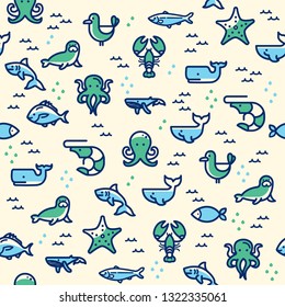 sea life seamless pattern illustration for banner, web page, print media, advertisement.Contains such Icons as fish, starfish, seal, whale, shark, seagull, octopus, lobster and more. 