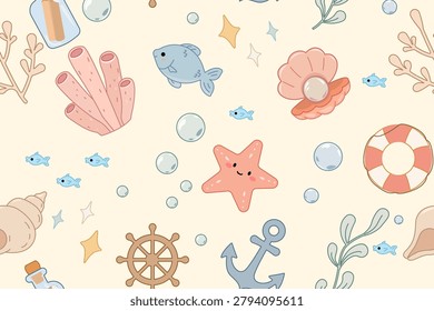 Sea life seamless pattern with ocean elements on pastel beige background cute theme. Adorable kawaii seamless pattern with ocean and nautical elements scattered on warm pastel beige background. Features starfish, fish, coral, shells, anchor, ship wheel, lifebuoy, seaweed, bubbles and message bottle. Perfect for childrens fabric prints, nursery wallpaper, gift wrapping, kids apparel, stationery and summer lifestyle products.