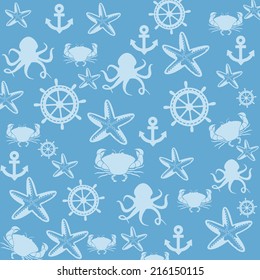 Sea life seamless pattern on blue background in square format suitable for wallpaper and fabric, vector illustration