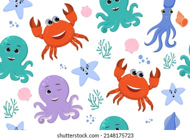 Sea life seamless pattern. Repeating image for printing on childrens bed linen. Inhabitants of underwater world, sea and cute characters. Crab, octopus and starfish. Cartoon flat vector illustration