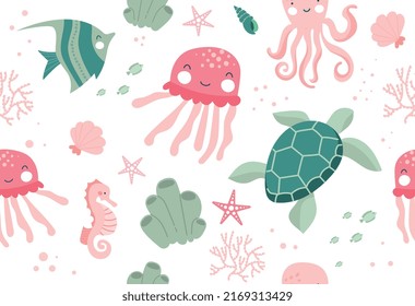 El patrón de la vida marina es fluido. Imagen repetida con animales de mundo subacuático para imprimir sobre ropa de cama infantil. Tortuga, pulpo y calamar, caballito de mar y pez estrella. Dibujo vectorial plano de dibujos animados