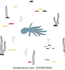 Sea life seamless pattern set. Modern design for clothes, fabric, paper, cover, interior decor. Vector texture.