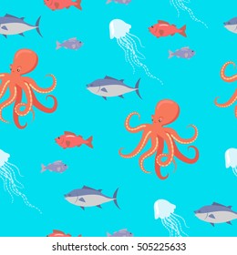 Sea life seamless pattern. Shark, fish, octopus, jellyfish endless texture. Wallpaper design with sea cartoon creatures in flat style design. Sea life animals on blue background. Vector illustration