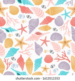  Sea life seamless pattern with shell and starfish of illustration