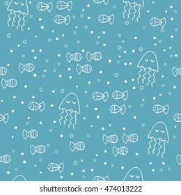 Sea life seamless pattern with smiling fishes and jellyfishes. Print for kids. Vector illustration.