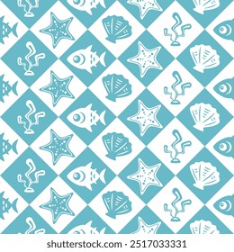 Sea life seamless pattern teal