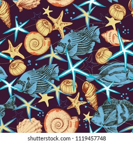 Sea life seamless pattern. Underwater background, fish and seashells print