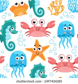 Sea life seamless pattern. Underwater animals set. Cut Animals cartoon