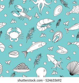 Sea life seamless pattern. Underwater endless background, texture. Hand drawing, sketch, line, doodle style. Vector illustration