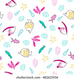 Sea life seamless pattern. Vector background with hand drawn fishes and shells
