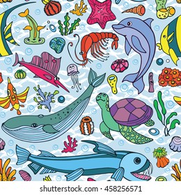 Sea life seamless pattern,animals illustration,background.Hand drawing vector doodle cartoon animals,shell,fish.Ocean life vacation background.Colored baby style.Tropical exotic summer travel,aquarium