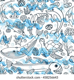 Sea life seamless pattern,animals illustration,background.Hand drawing vector doodle cartoon animalsfish.Watercolor ocean waves. Vacation, baby style.Tropical exotic summer travel,aquarium.Blue