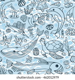 Sea life seamless pattern,animals illustration,background.Hand drawing vector doodle cartoon animals,shell,fish.Ocean  life vacation background.Blue baby style.Tropical exotic summer travel,aquarium