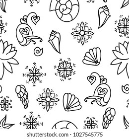 Sea life. Seamless underwater patternâ??â??â??â??â??â??â??. Hand drawn vector illustration. Seashells and doodle elements. Black line elements isolated on white background.