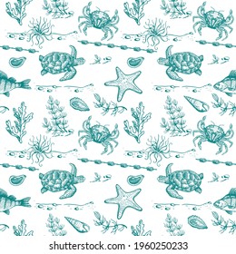 Sea life seamless vector pattern. Seamless background with hand drawn fishes, tortilla and corals on seaweed background. Marine textile collection. Tropical ocean. Dark blue background.