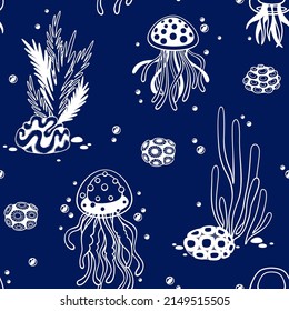 Sea life. Seamless vector pattern with algae, corals and jellyfish on a blue background. Sea bed. Trendy pattern perfect for wallpaper, packaging, fabric and textile design.