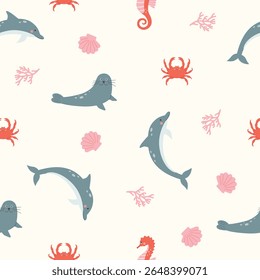 Sea life seamless vector pattern. Summer background