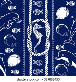 Sea life. Seamless vector pattern with dolphins, fish and sea horse.