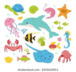 Vida marina. Animales marinos. Delfín, mantarraya, medusa, pez, cangrejo, caballito de mar. Algas y conchas. Vector doodle ilustración de dibujos animados de objetos de vida marina para su diseño