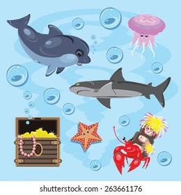 Sea life set in cartoon style. Dolphin, shark, jellyfish, hermit crab, a starfish and a treasure chest for the children's books, cards and games
