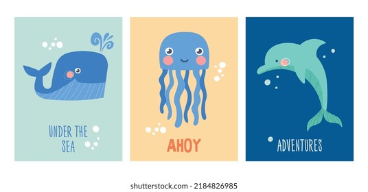 Sea life set. Collection of posters, banners and covers with representatives of underwater world. Dolphin, jellyfish and whale. Cartoon flat vector illustrations isolated on white background