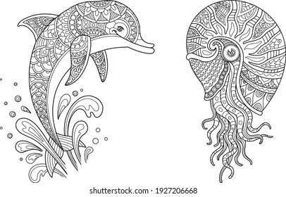 sea life set coloring page mandala design. print and t-shirt design