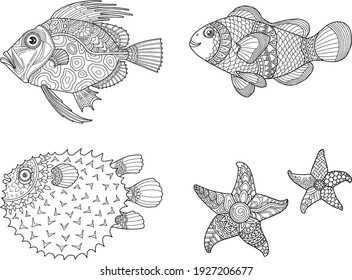 sea life set coloring page mandala design. print and t-shirt design