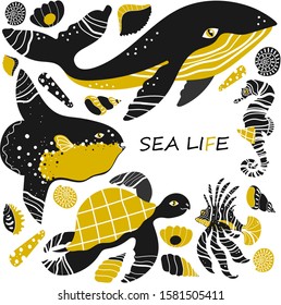 Sea life set with different animals. Isolated on white background. While, turtle, lion fish, moonfish, seahorse, shells. Cartoon funny style. Vector illustration. Underwater world.