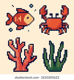 Sea life set with fish, crab, coral, and seaweed Pixel art of retro 8 bit style. Pixel Marine Set for game design, digital stickers, marine themed projects, educational materials.Vector illustration