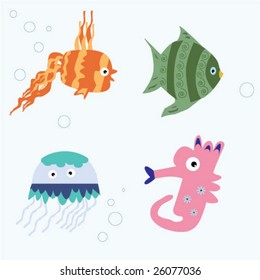 sea life set - fish, jellyfish, sea-horse