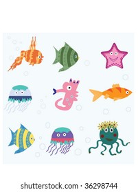 sea life set - fish, jellyfish, sea-horse vector illustration