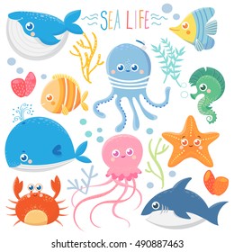 Sea life. Set with funny sea animals. Vector collection