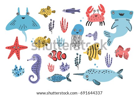 Sea life set. Hand drawn algae, blowfish, jellyfish, crab, hammerhead shark, whale, starfish, shark, seahorse, manta ray, narwhal. Colorful vector illustration collection.