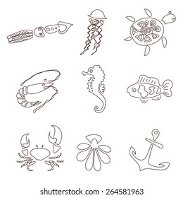 Sea life - set of marina creatures - hand draw - doodle sketch - stock vector