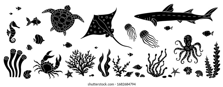 Sea life set silhouette vector illustration. Black logo isolated cartoon collection  objects and symbols jellyfish, shark, octopus, coral, crab, tortilla, fish, seahorse, stingray, shells, starfish