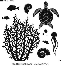 Sea life silhouette. Isolated jellyfish sea turtle coral shell and fish on white background. Abstract reef vector