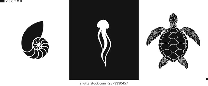 Sea life silhouette. Isolated jellyfish nautilus shell and sea turtle. Wild animal in Australia