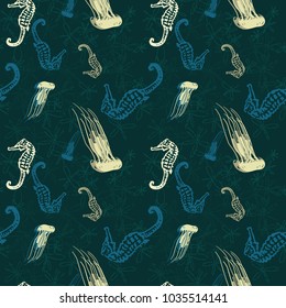Sea life Silhouette Pattern and Textured Dark Green Background / Vector Illustration / Global Colors Saved with Pattern Swatches