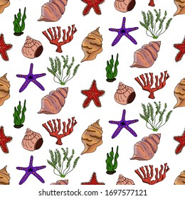 Sea life, sketch style vector seamless pattern isolated on white background. Realistic hand drawing of saltwater seashell, clam, conch, starfish, coral