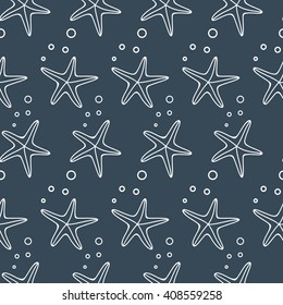 Sea life starfish background. Vector seamless pattern with starfish and bubbles. Cute sea life background. Design for fabric and decor.